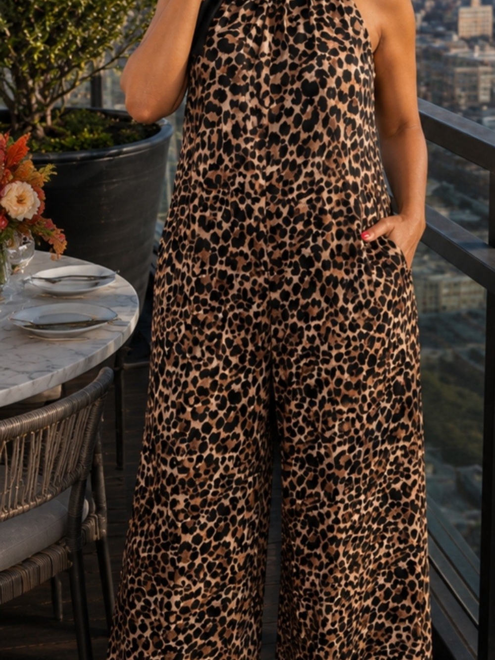 Leopard Print Wide-Leg Jumpsuit - Brown/Black